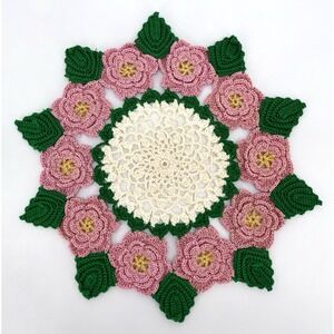 Vintage Handmade Crochet Doily 9.5" Pink Metallic Roses Green Leaves